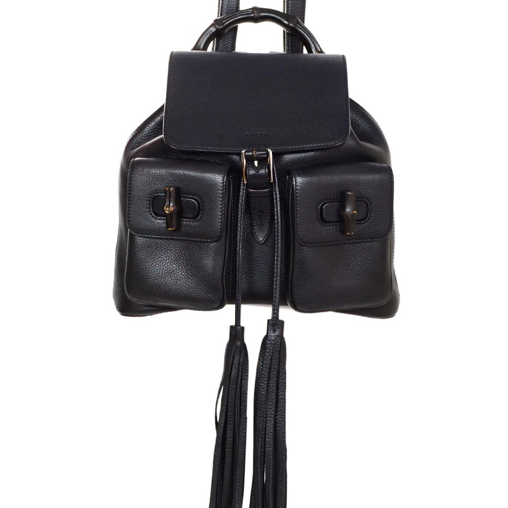 Gucci Black Pebbled Leather Medium Bamboo Backpack
